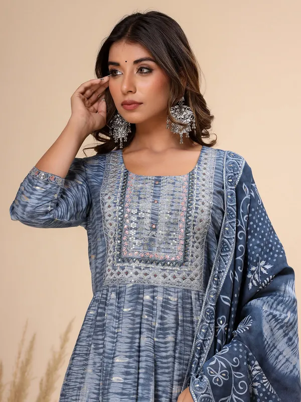 Cotton printed kurti set in stone blue