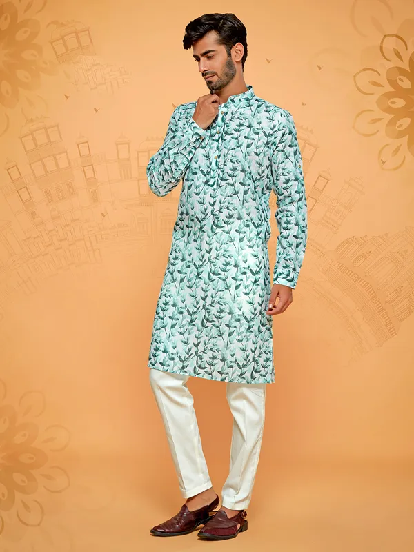 Cotton printed mint green kurta set