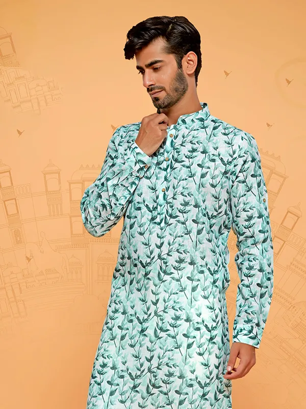 Cotton printed mint green kurta set