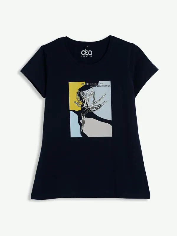 Cotton printed navy half sleeves t shirt