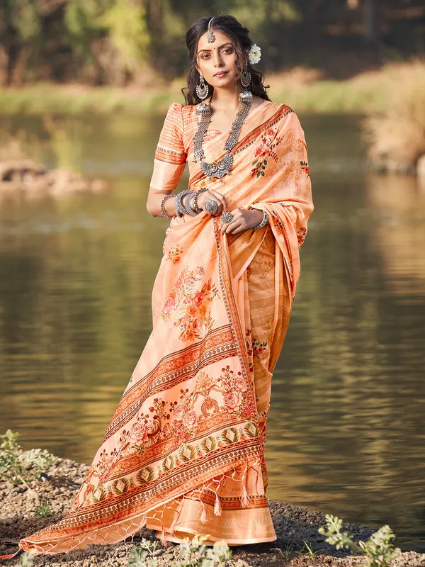 Cotton printed saree in peach