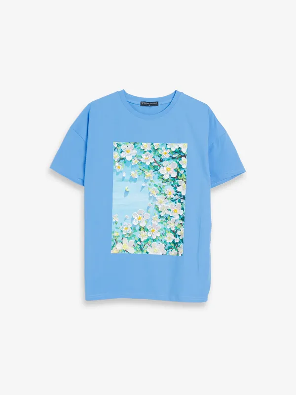 Cotton printed sky blue t shirt