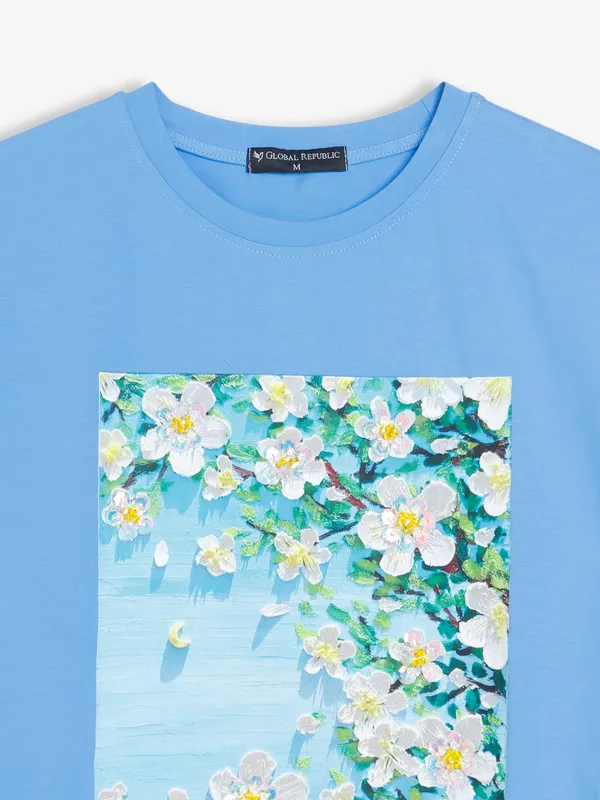 Cotton printed sky blue t shirt