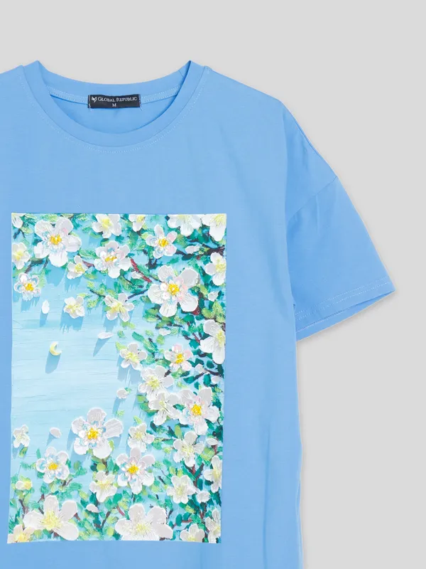 Cotton printed sky blue t shirt
