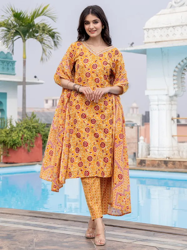 Cotton printed yellow straight cut kurti set
