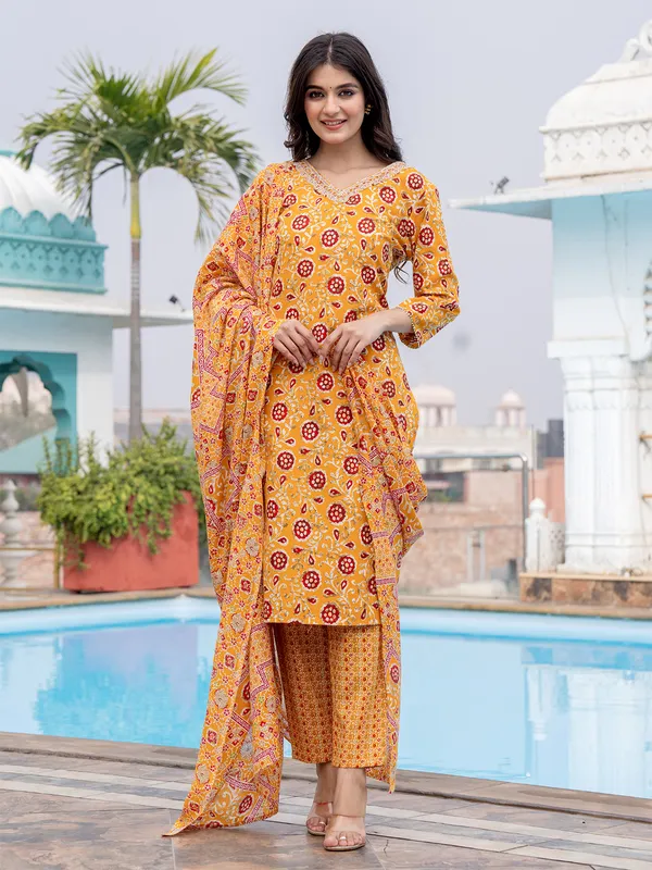 Cotton printed yellow straight cut kurti set