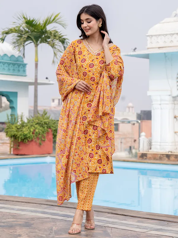 Cotton printed yellow straight cut kurti set