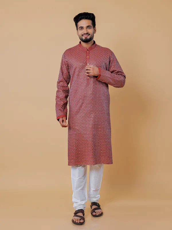 Cotton maroon embroidery  Men Kurta pajama