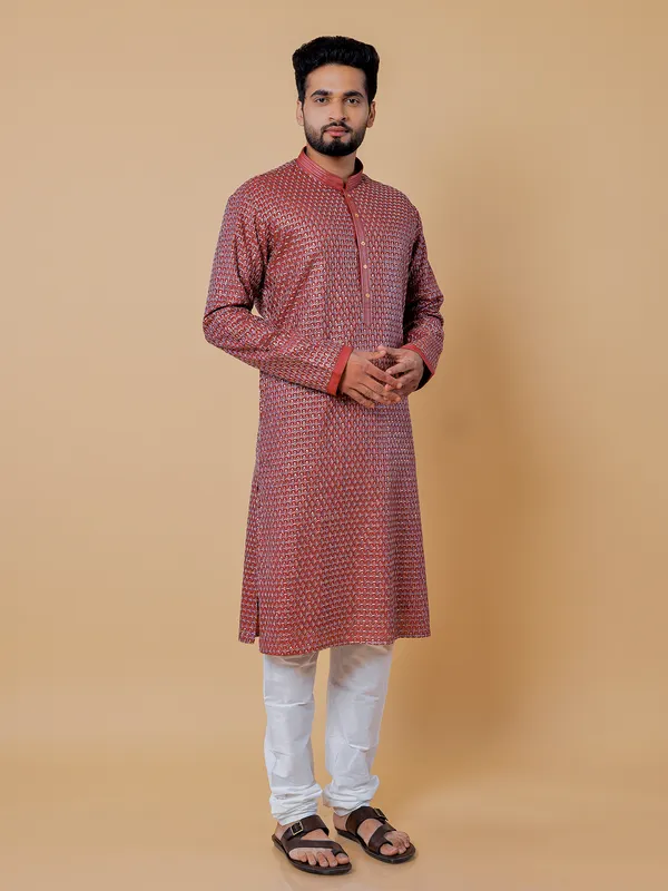 Cotton maroon embroidery  Men Kurta pajama