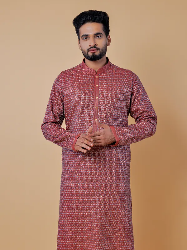 Cotton maroon embroidery  Men Kurta pajama