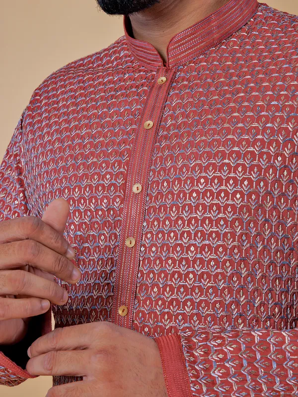 Cotton maroon embroidery  Men Kurta pajama