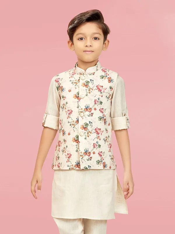 Cotton silk cream printed waistcoat set