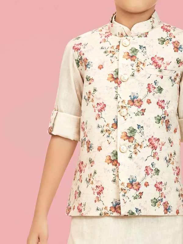 Cotton silk cream printed waistcoat set