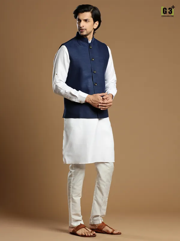 Cotton silk festive occasions navy waistcoat set for men