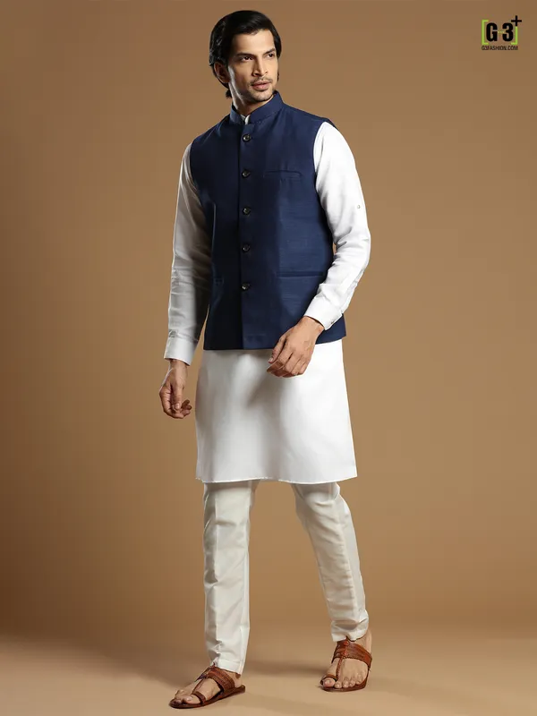 Cotton silk festive occasions navy waistcoat set for men