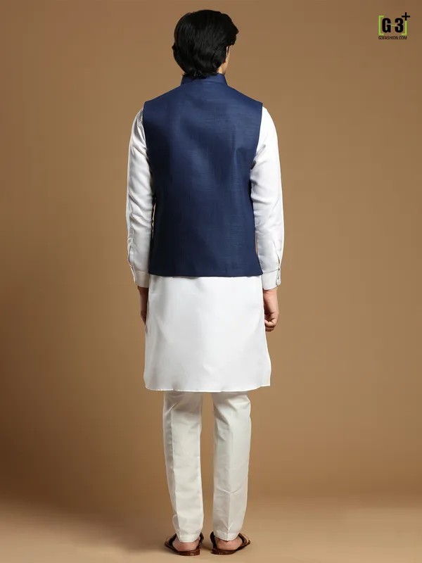 Cotton silk festive occasions navy waistcoat set for men