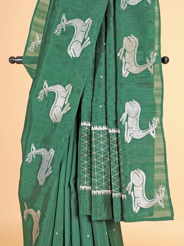 Cotton silk green saree with resham work