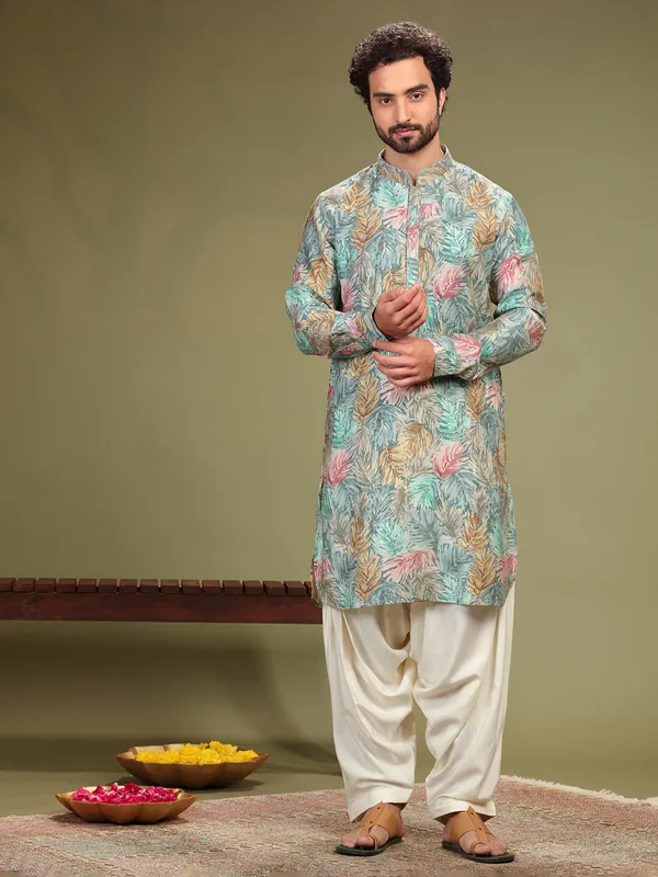 Cotton silk grey and blue printed  Men Kurta pajama