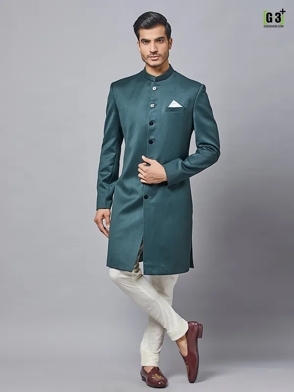 Cotton silk indo western in dark green