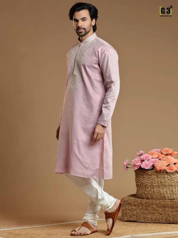 Cotton silk  Men Kurta pajama in onion pink color