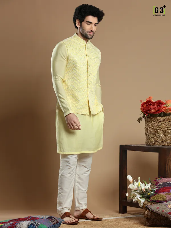 Cotton silk light yellow waistcoat set for wedding
