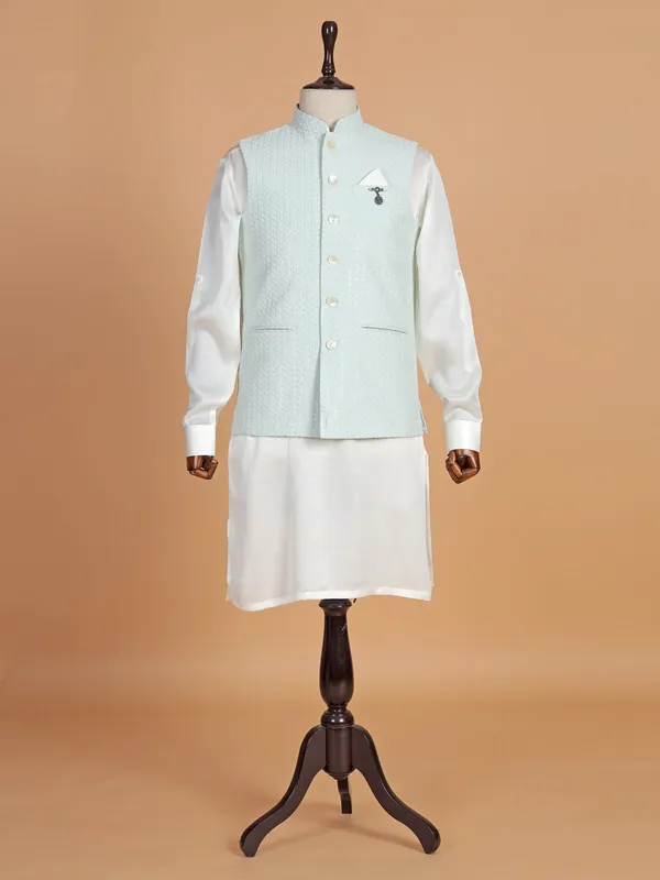 Cotton silk mint green waistcoat set