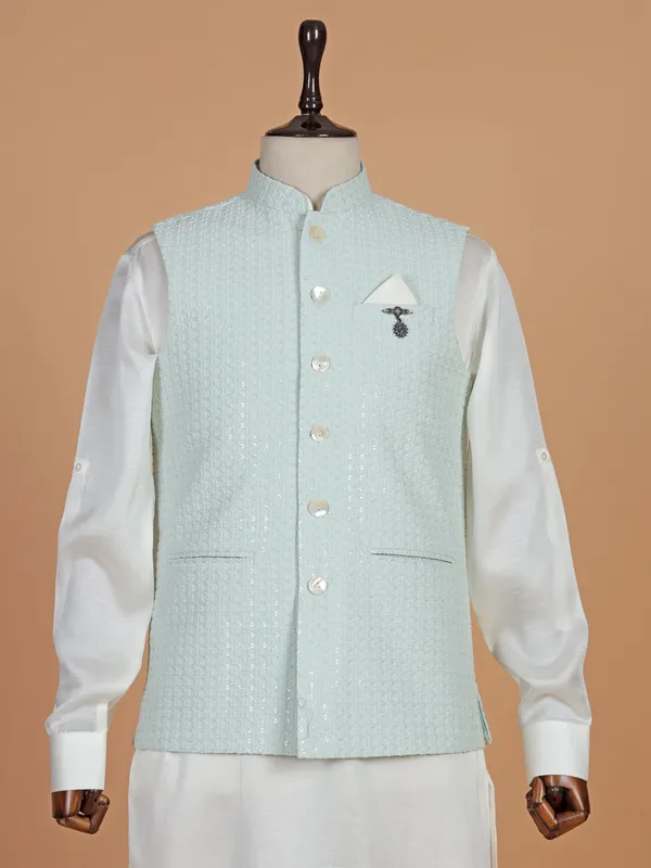 Cotton silk mint green waistcoat set