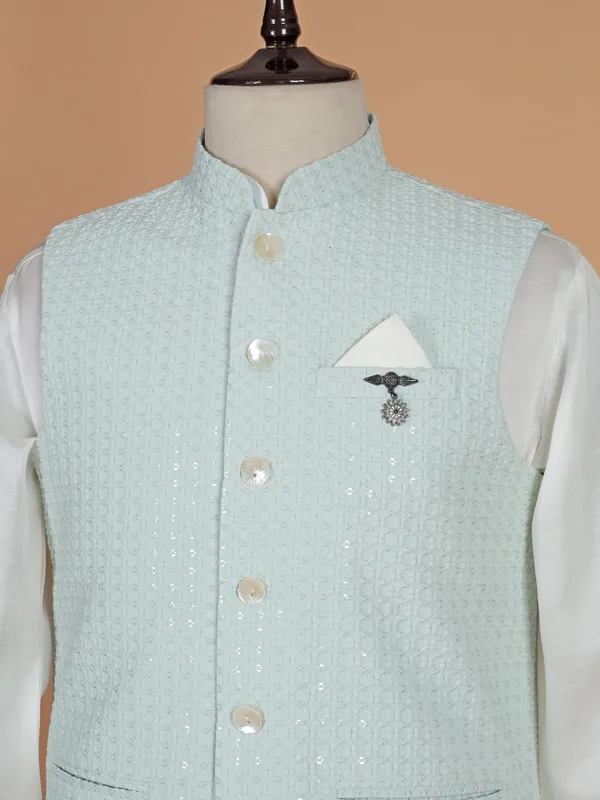 Cotton silk mint green waistcoat set