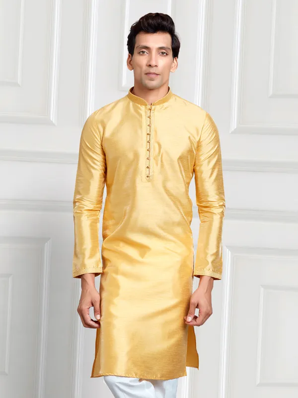 Cotton silk mustard yellow kurta suit