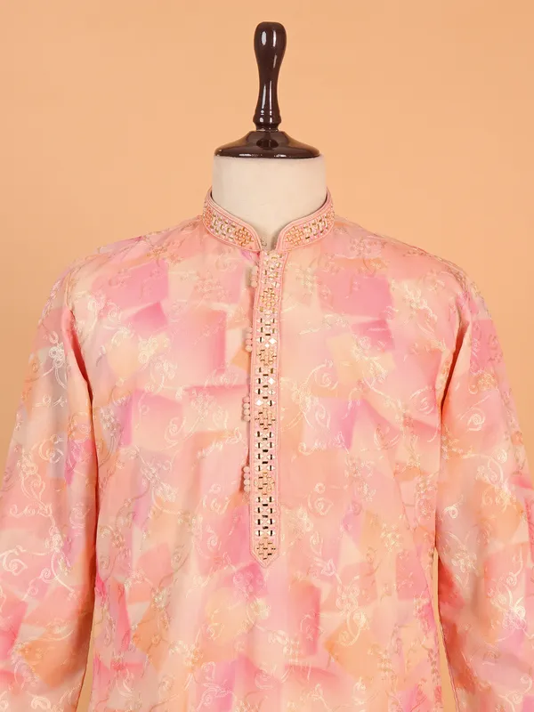 Cotton silk pink kurta suit with resham work