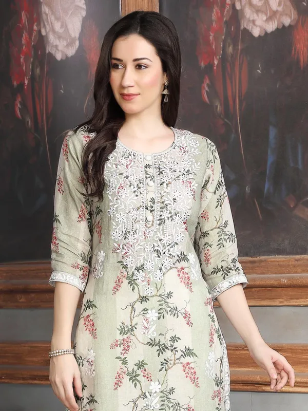 Cotton silk pista green kurti set