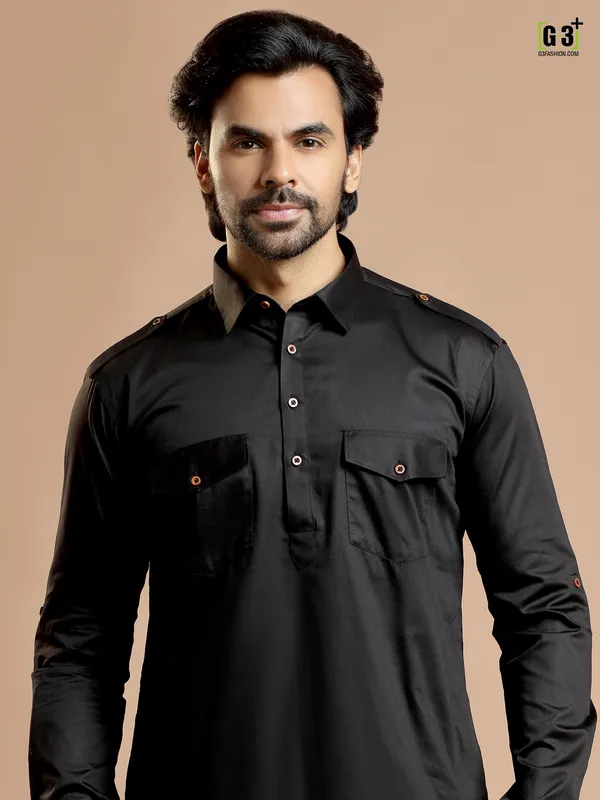 Cotton silk plain black festive pathani suit for men