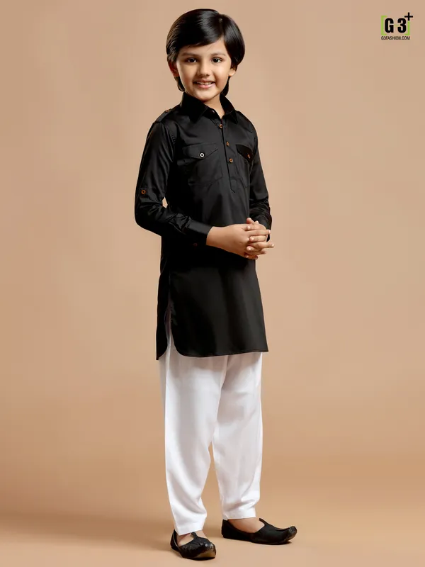 Cotton silk plain festive black boys pathani suit