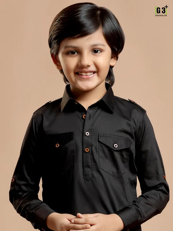 Cotton silk plain festive black boys pathani suit