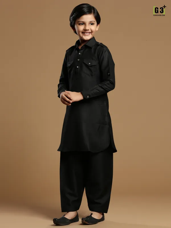 Cotton silk plain festive black pathani suit for boys