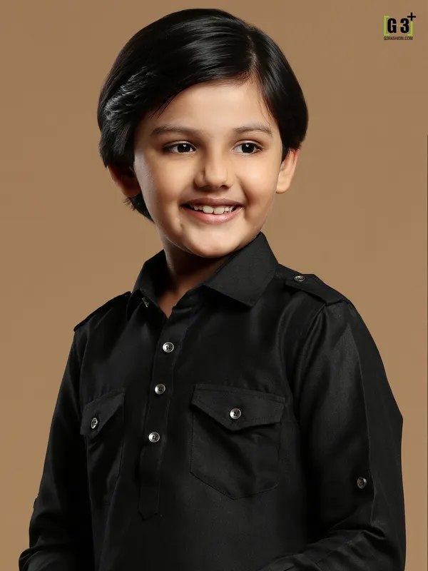 Cotton silk plain festive black pathani suit for boys