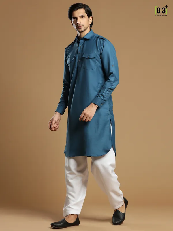 Cotton silk plain festive royal blue pathani suit for men