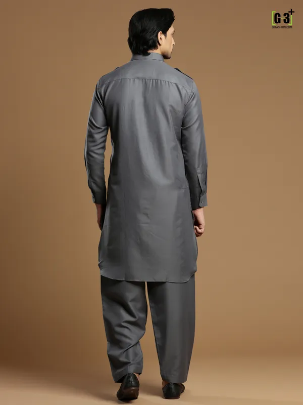 Cotton silk plain grey festive pathani suit for men