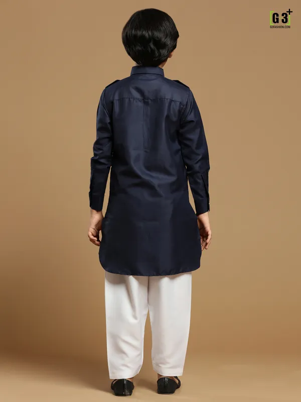 Cotton silk plain navy festive pathani suit for boys