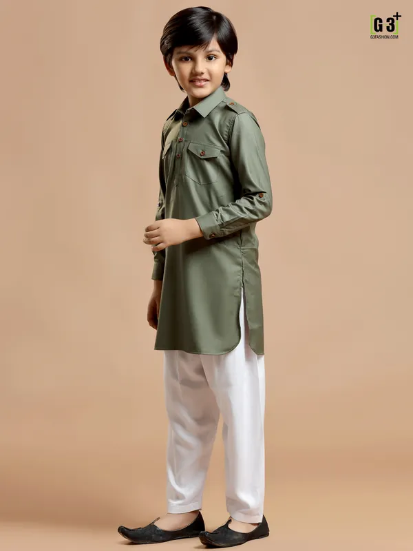 Cotton silk plain sage green festive pathani suit