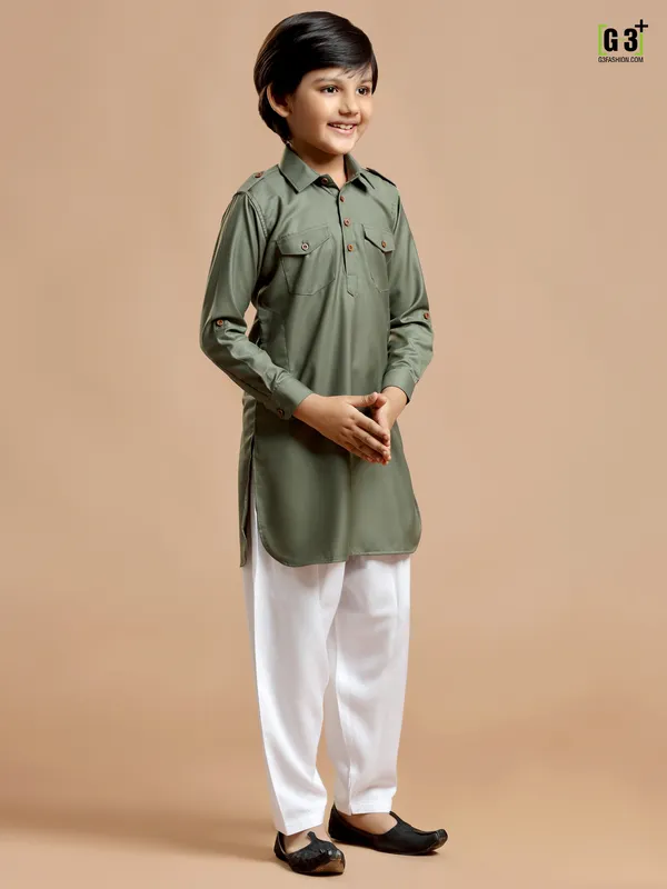 Cotton silk plain sage green festive pathani suit