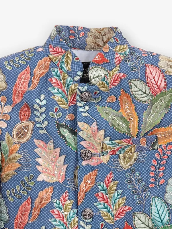 Cotton silk printed blue indowestern for boys
