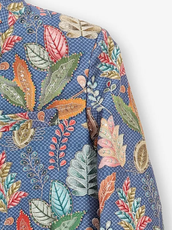 Cotton silk printed blue indowestern for boys