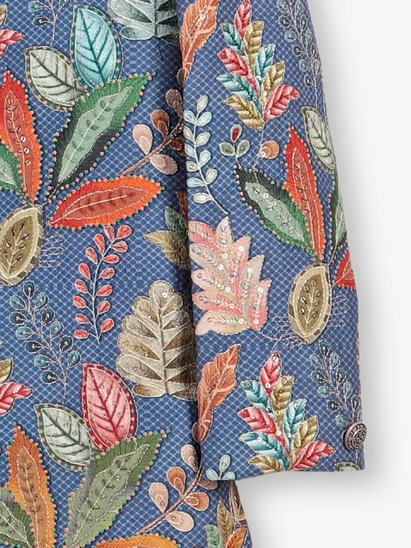 Cotton silk printed blue indowestern for boys