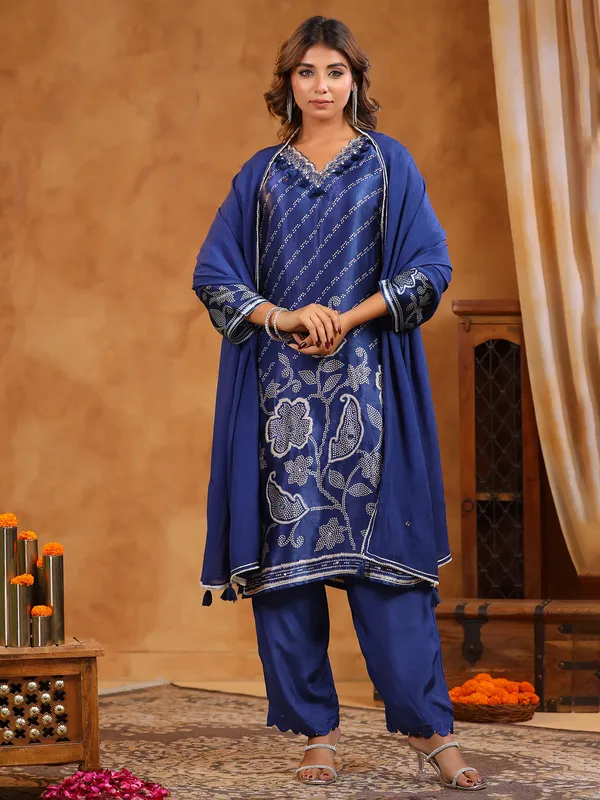 Cotton silk printed blue kurti set for festival