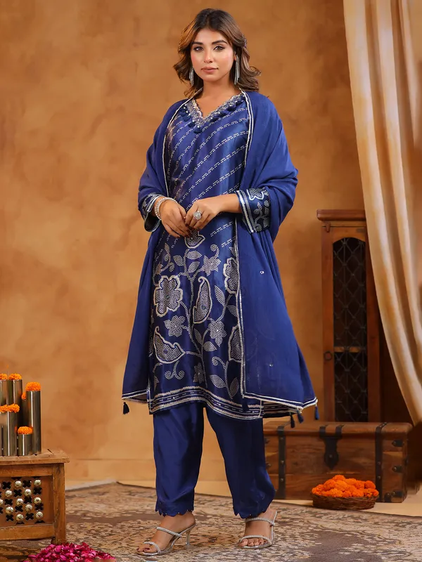 Cotton silk printed blue kurti set for festival