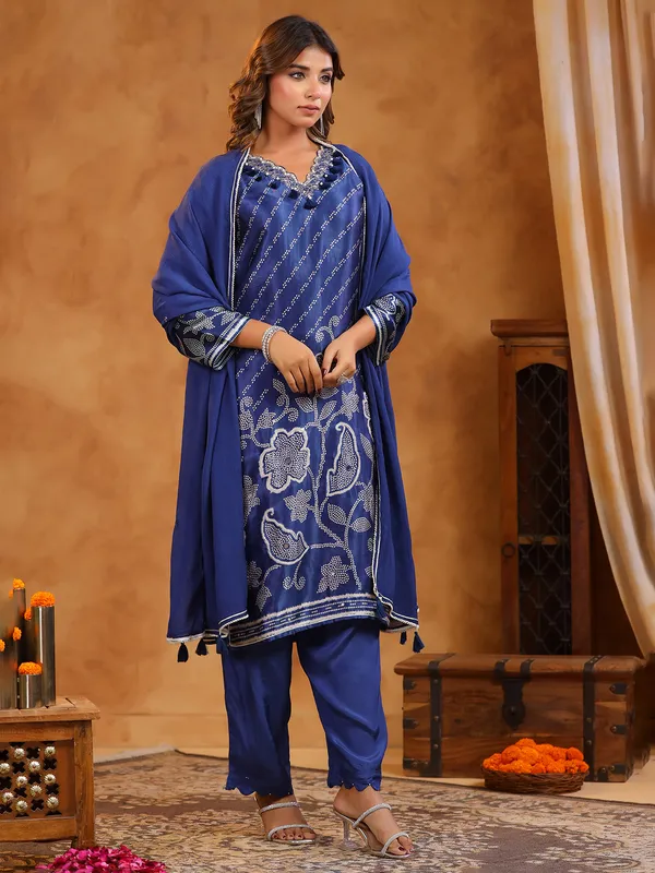 Cotton silk printed blue kurti set for festival