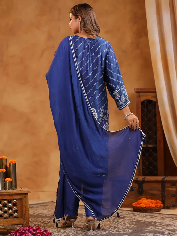 Cotton silk printed blue kurti set for festival