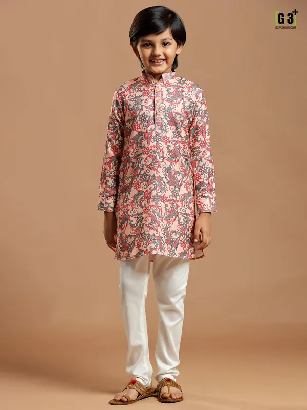 Cotton silk printed light pink festive functions kurta suit