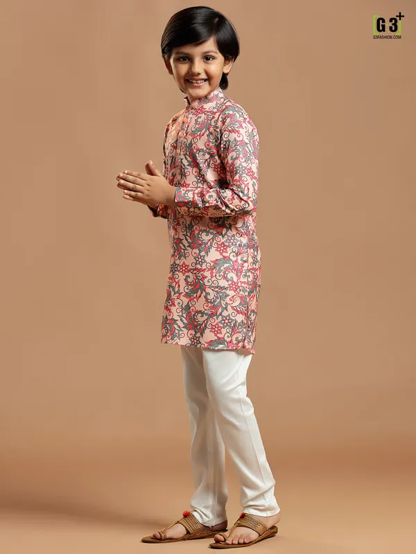 Cotton silk printed light pink festive functions kurta suit